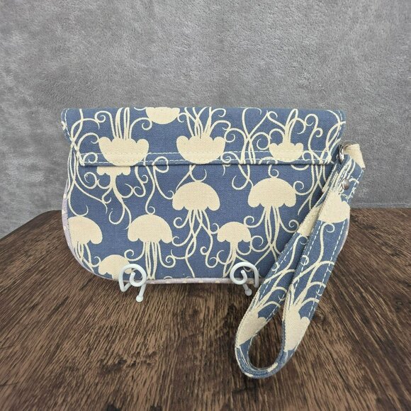 Bungalow 360 Wristlet Clutch Bag Blue Natural Cream Jellyfish Cotton Canvas New - Picture 3 of 13
